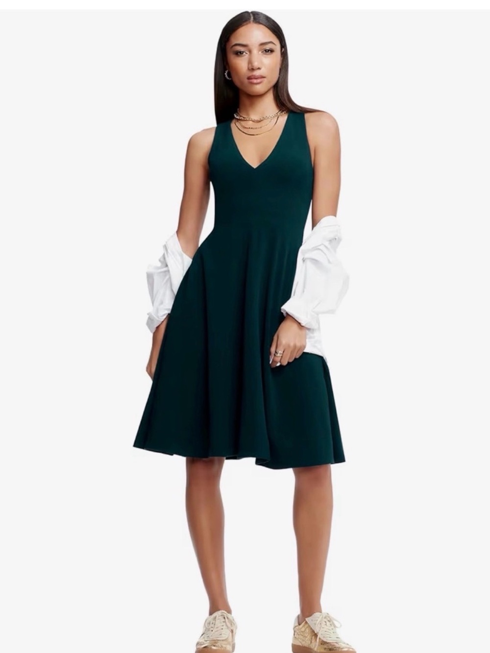 Dress the Population Deep Teal Pine Green V-Neck Fit-and-Flare Midi Dress XS